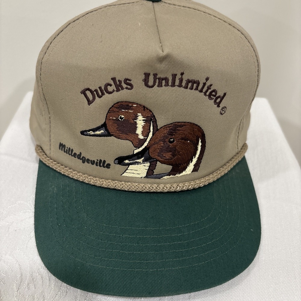 Vintage Ducks Unlimited Snapback Hat Cap Tan Green Rope 90s
